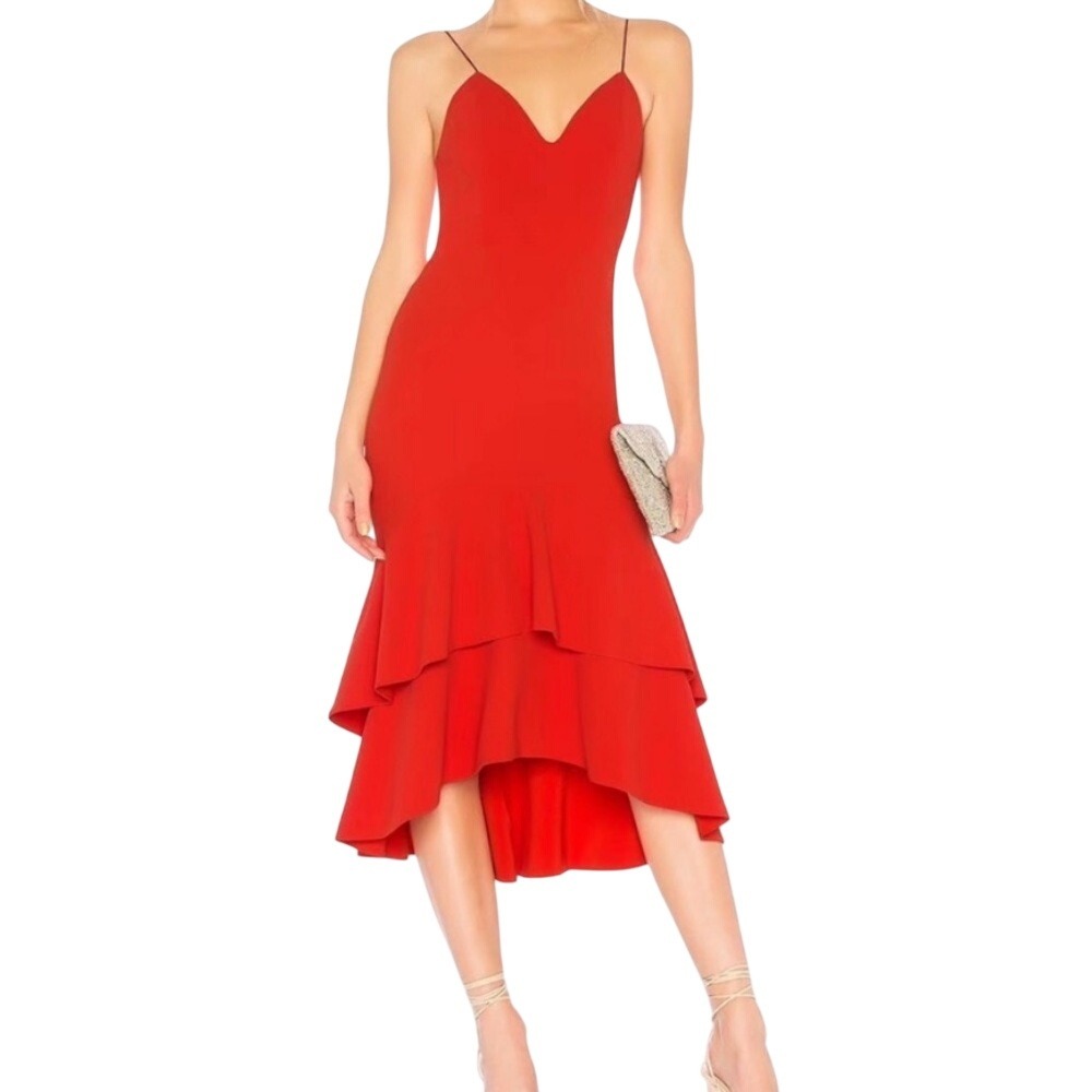 ALICE + OLIVIA Size 4 Red Amina Plunging Sweetheart Fitted Dress Hi Low Hem